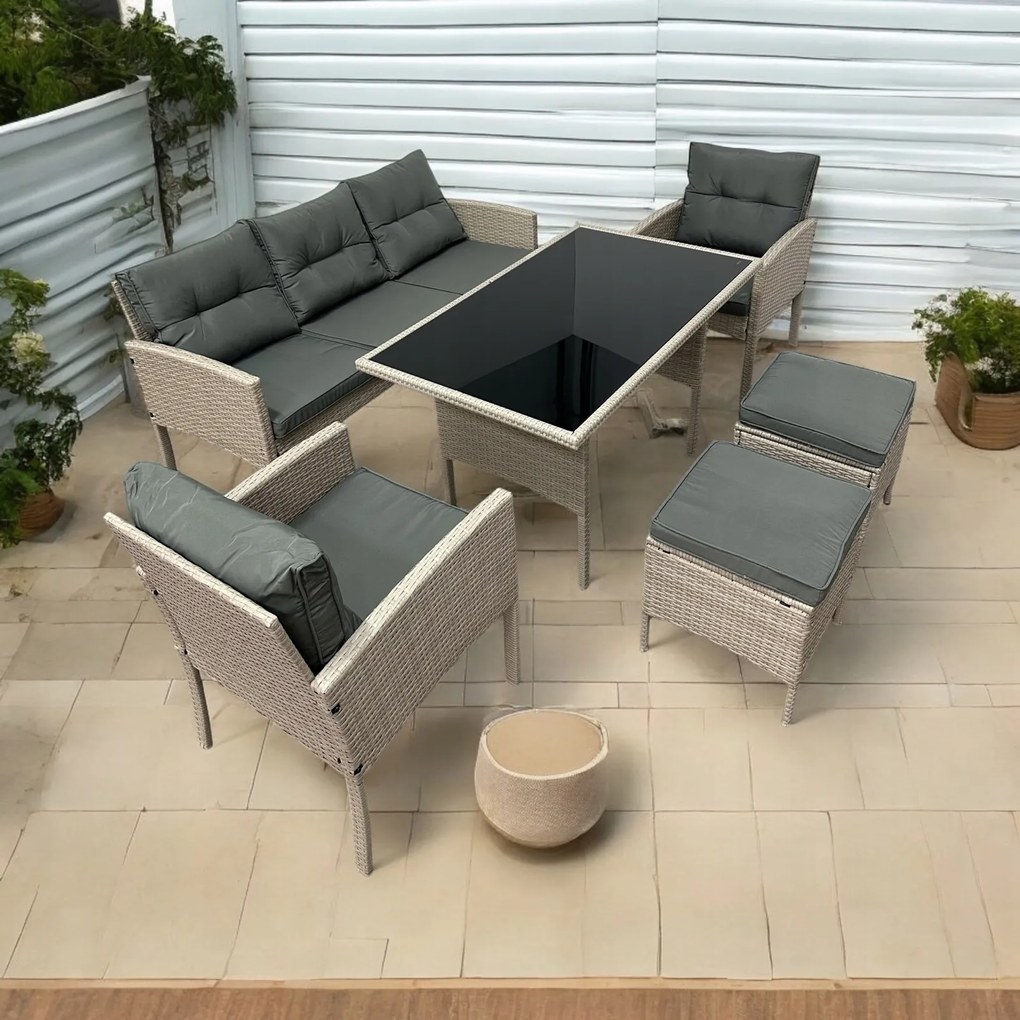 Zestaw mebli stołowych do ogrodu dla 7 osób Betim 078 jasny beż, poduszki szare