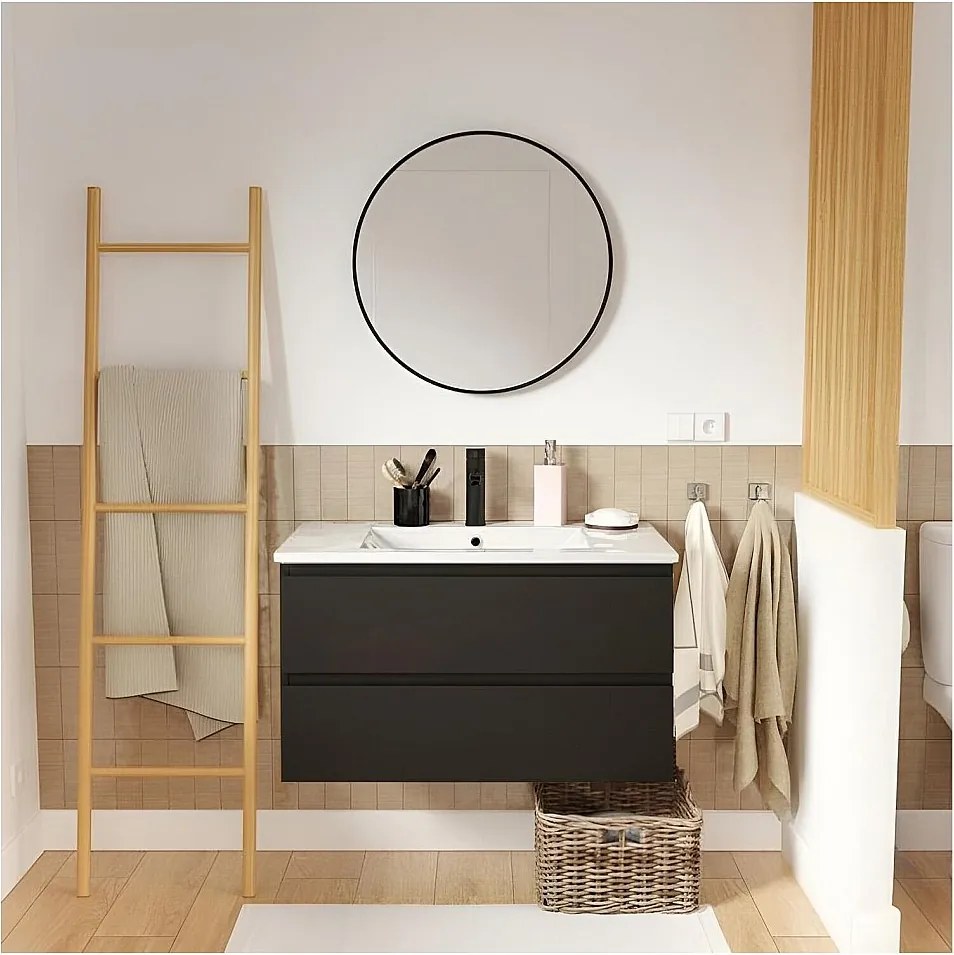 Pojedyncza szafka pod umywalkę 80 cm, wykończenie dębowe, z baterią i lustrem SORRENTO