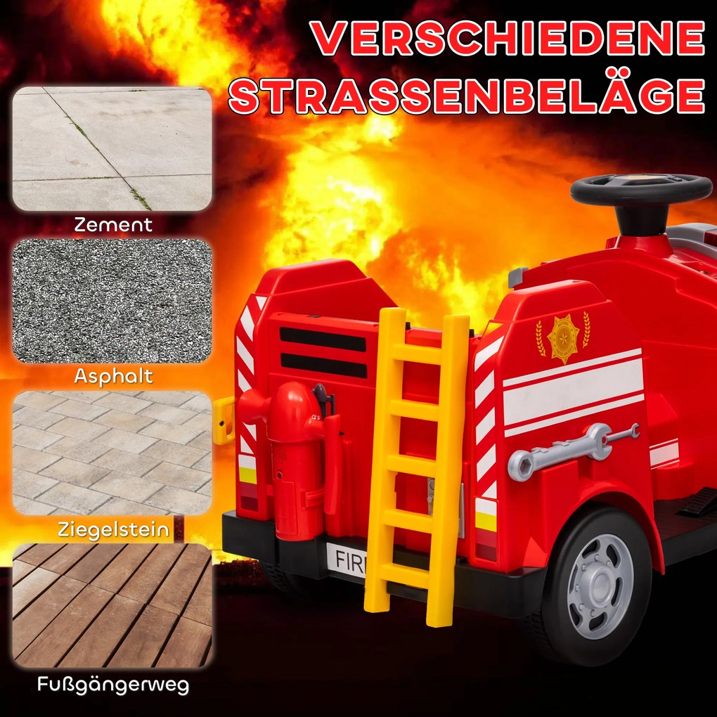AIYAPLAY Samochód Strażacki, Elektryczny Samochód Dla Dzieci, maks. 3 km/h, Syrena, Światło Błyskowe, Narzędzia, dla Dzieci 3-5 Lat