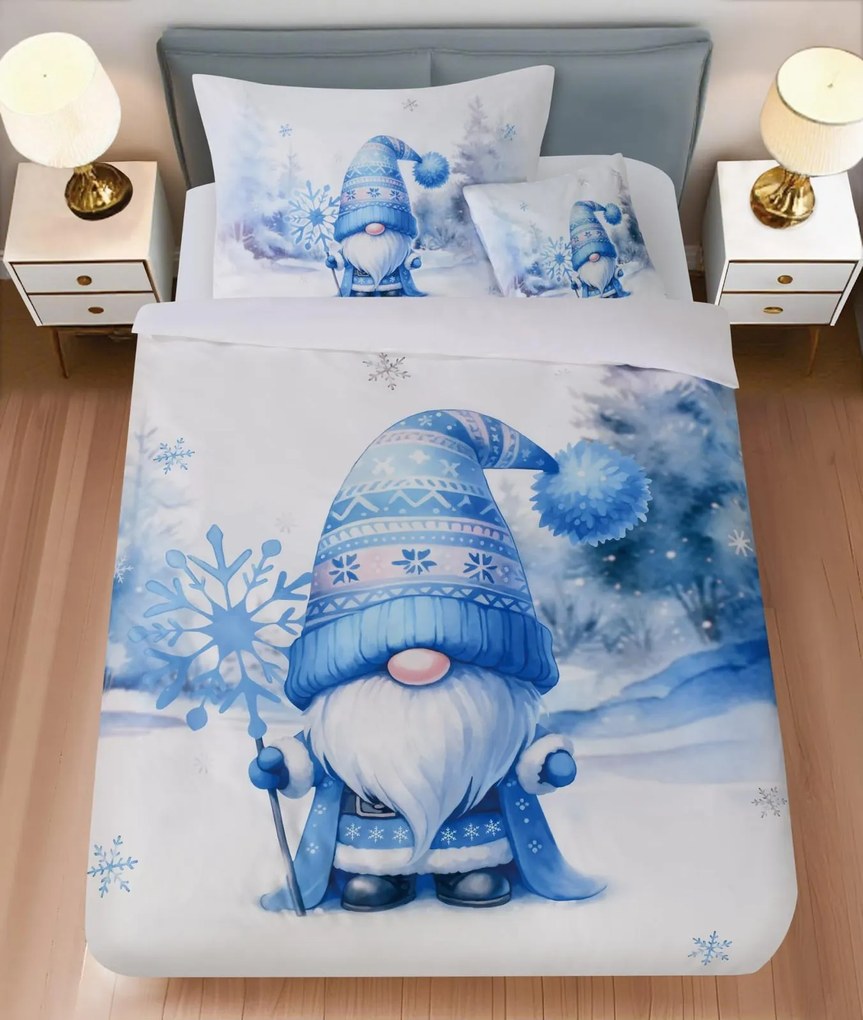 PrzytulneMieszkanie.pl PrzytulneMieszkanie.pl Pościel z mikrosatyny BLUE GNOME biała + poszewka na poduszkę 45 x 45 cm gratis Rozmiar pościeli: 70 x 90 cm | 140 x 200 cm