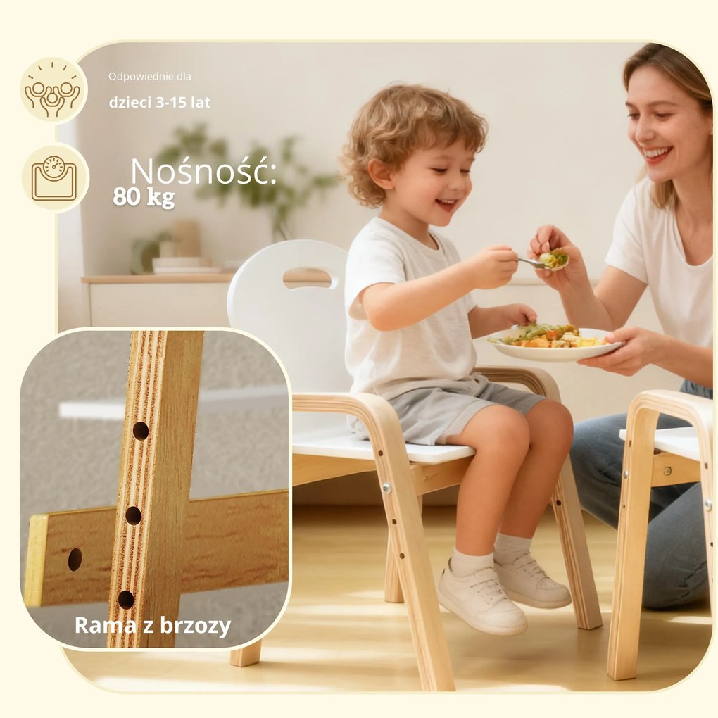 AIYAPLAY zestaw drewnianych krzeseł dla dzieci, antypoślizgowe nakładki na nóżki, 3–15 lat, regulacja wysokości, Biały