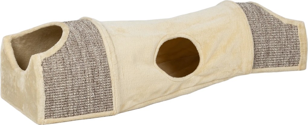 PawHut Tunel dla Kotów z 3 Otworami, Pluszowy, z Sisalowym Linem do Drapania, 107x38x29 cm, Beżowy/Szary