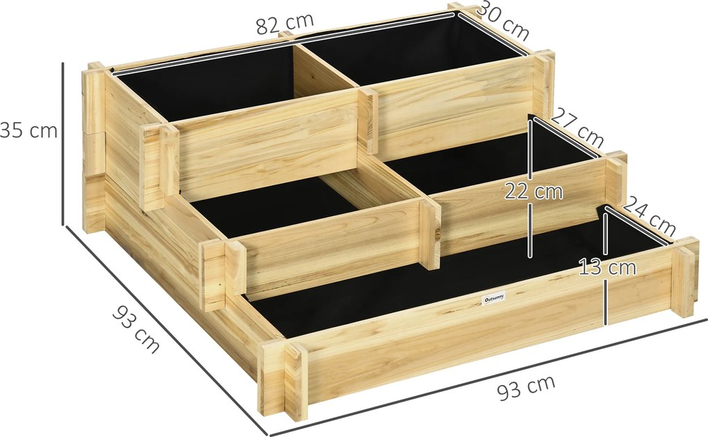 Outsunny Wysokie Łóżko Ogrodowe 3-Stopniowy Kwietnik Drewniany z Podszewką Naturalne 93x93x35cm na Balkon | Aosom PL