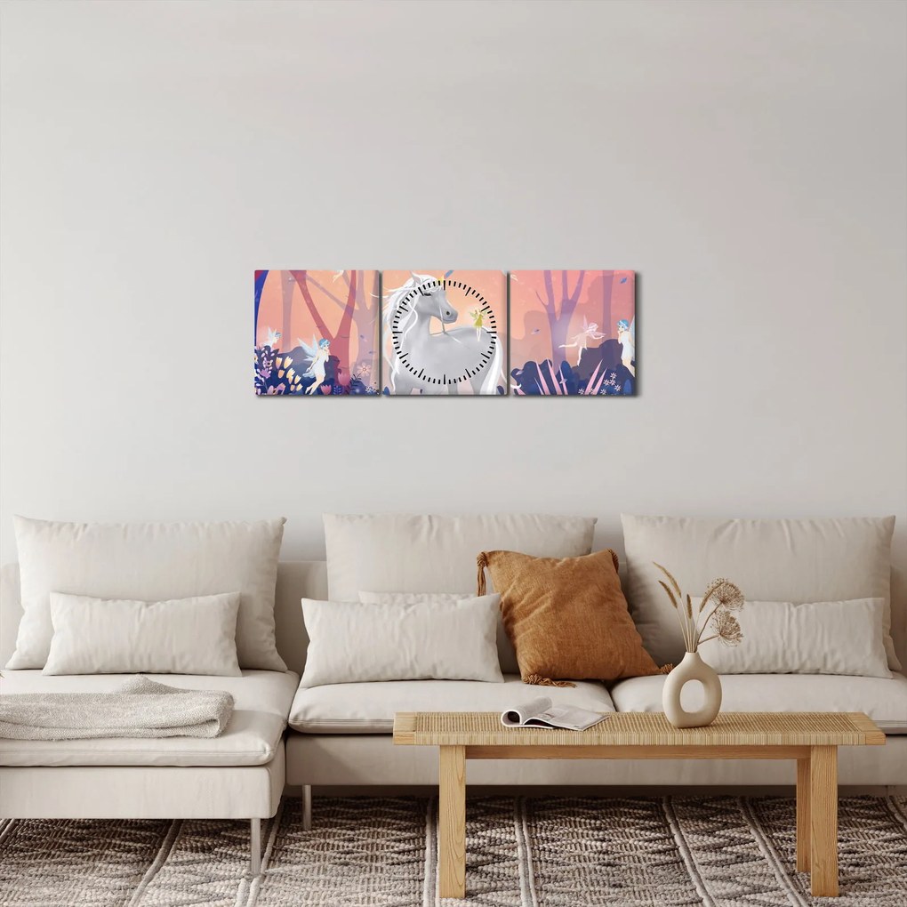 Obraz - Jednorożec w magicznym lesie (z zegarem) (90x30 cm)