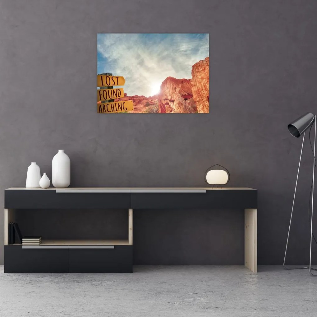 Obraz na szkle - wskaźnik z napisem (70x50 cm)
