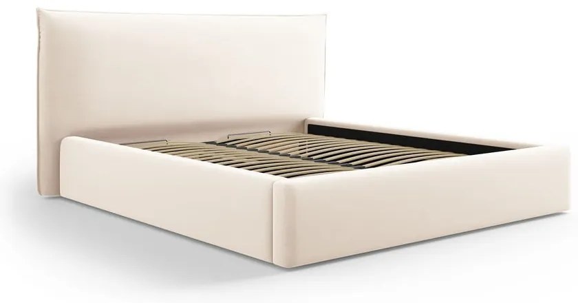 Kremowe tapicerowane łóżko dwuosobowe ze schowkiem i stelażem 180x200 cm Elio – Milo Casa