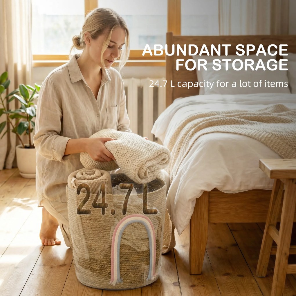 HOMCOM Kosz do przechowywania 24,7L z dekoracją tęczową, duży pleciony kosz do łazienki, sypialni, naturalny | Aosom PL