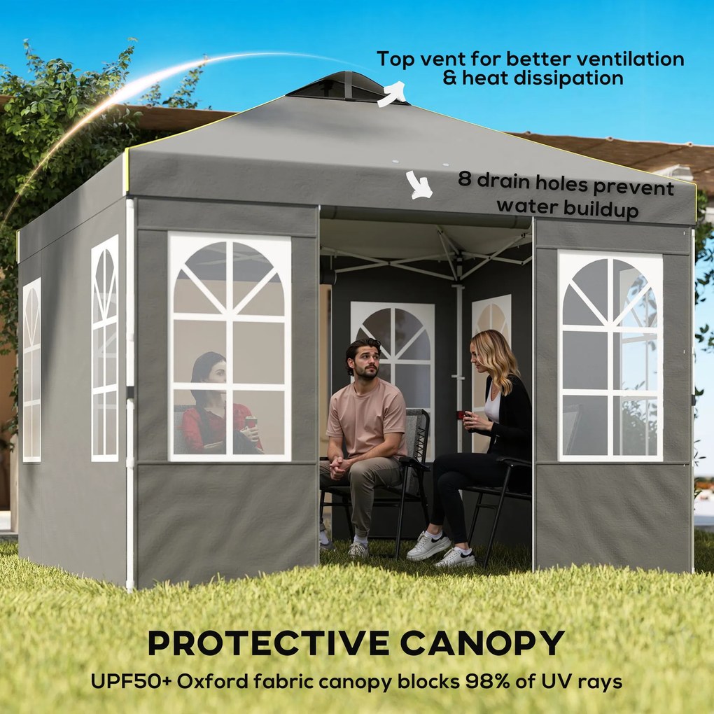 Outsunny Pawilon 3x3m Wodoodporny Stabilny Zimoodporny Pop-up Składany Pawilon, Jednoprzyciskowy Montaż, UV 50+ Ciemnoszary | Aosom PL