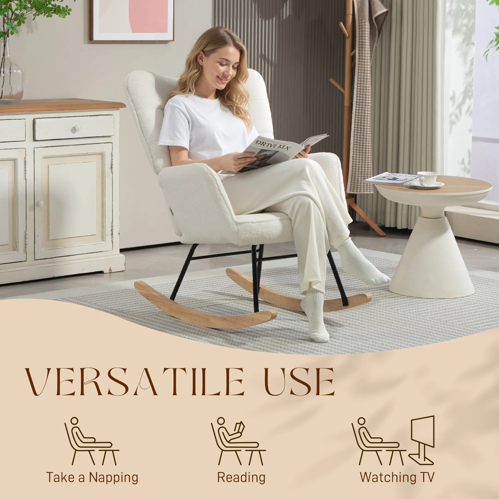 HOMCOM Fotel Bujany w Wyglądzie Fleece z Podłokietnikami, Ergonomiczny Fotel na Drewnianych Płozach, do Salonu, Sypialni, Biały