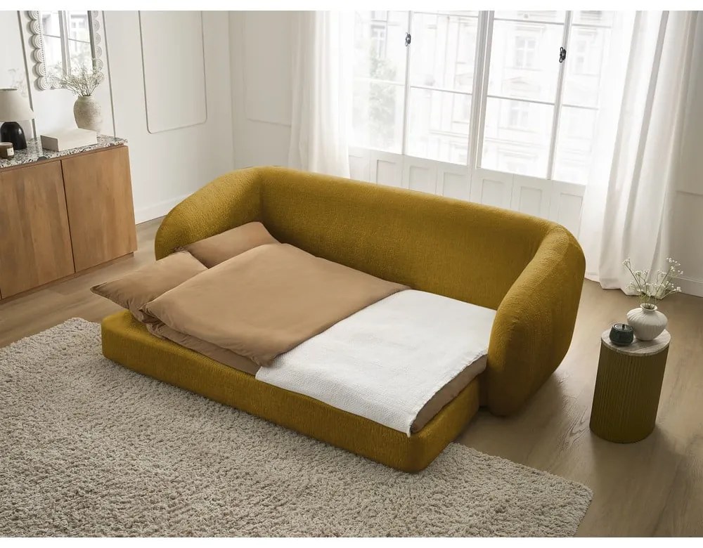 Musztardowa rozkładana sofa z tkaniny szenilowej 228 cm Neyo – Bobochic Paris