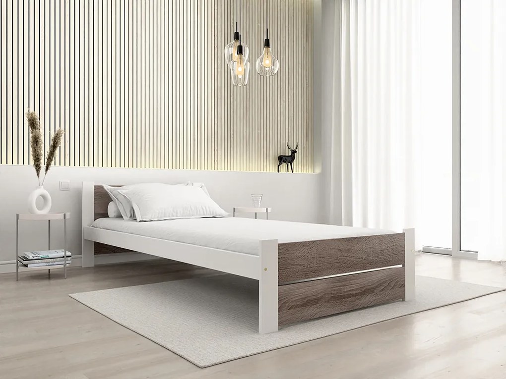 Łóżko IKAROS DOUBLE 90 x 200 cm, biały/dąb truflowy Stelaż: Ze stelażem listwowym rolowanym, Materac: Materac Somnia 18 cm