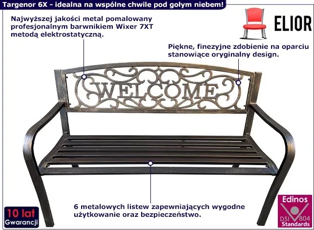 Brązowa metalowa ławka ze zdobionym oparciem W9-N08