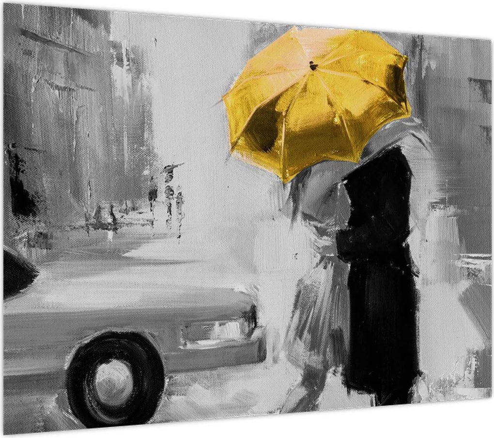 Obraz - Zakochana para pod parasolem, żółty (70x50 cm)