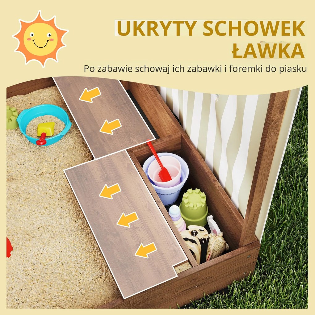 Piaskownica AIYAPLAY, drewniana skrzynia z baldachimem i siatkowymi drzwiami, ławki, ochraniacz podłogi, kolor brązowy
