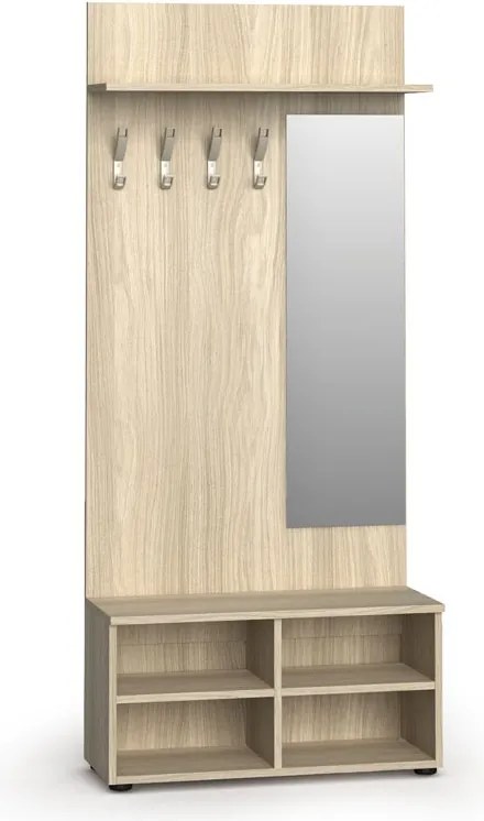 Garderoba z szafką na buty i lustrem PRIMO WOOD, 4 haczyki, półka, tekstura drewna pionowa, dąb naturalny