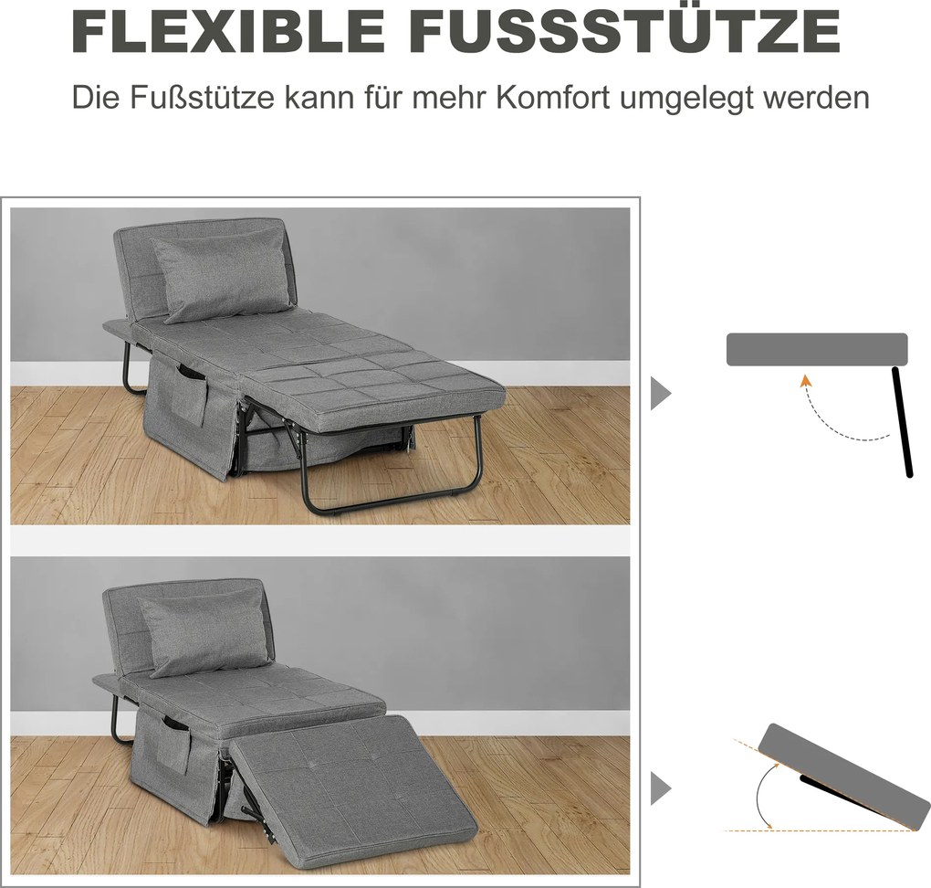 HOMCOM Składane łóżko 4w1, fotel otomana, leżak z piankowym materacem, z regulacją wysokości, łóżeczko podróżne szare 188x75x38 cm