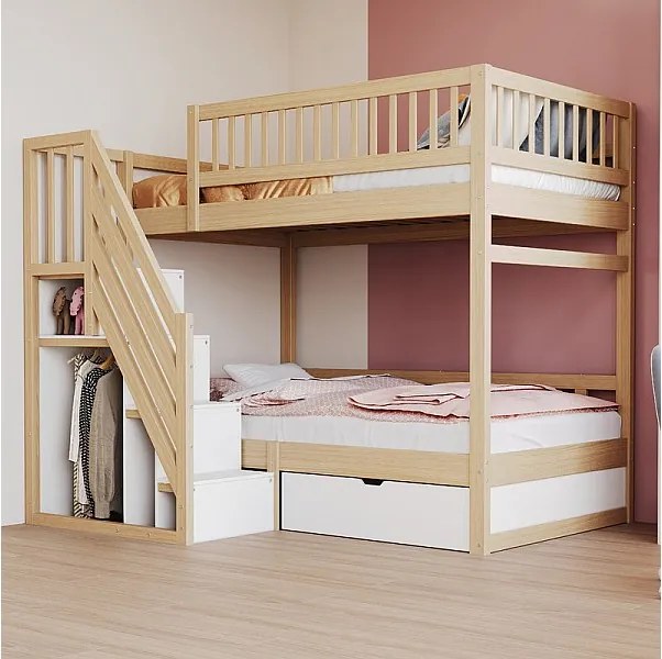 Łóżka piętrowe 2x90x200cm - z drabiną i szufladą - Sosna+Sklejka+MDF - Naturalny+Biały