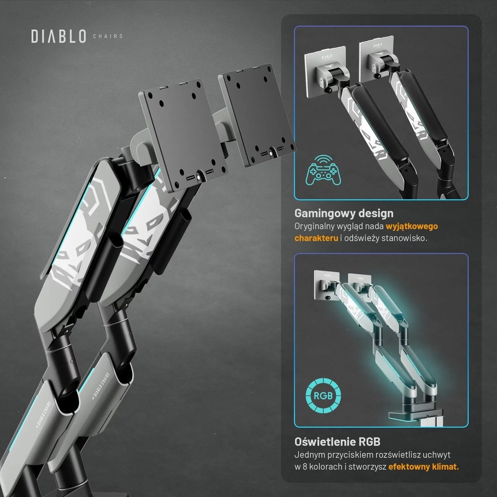 Uchwyt regulowany na 2 monitory 35 cali RGB Diablo X-Arm Dual, szaro-czarny