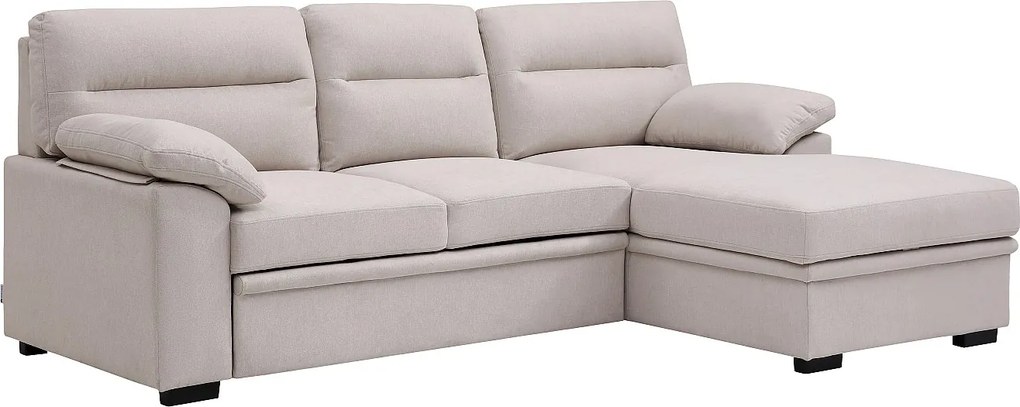 Kanapa narożna rozkładana prawostronna z beżowej tkaniny  z podstawką pod napój  ULENIO