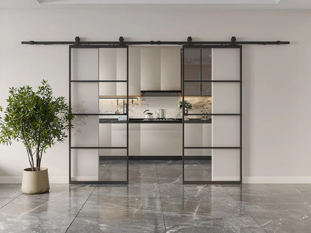 Drzwi przesuwne naścienne podwójne - aluminium i przezroczyste szkło hartowane - 2 x wys. 205 x szer. 93 cm - SINCA II