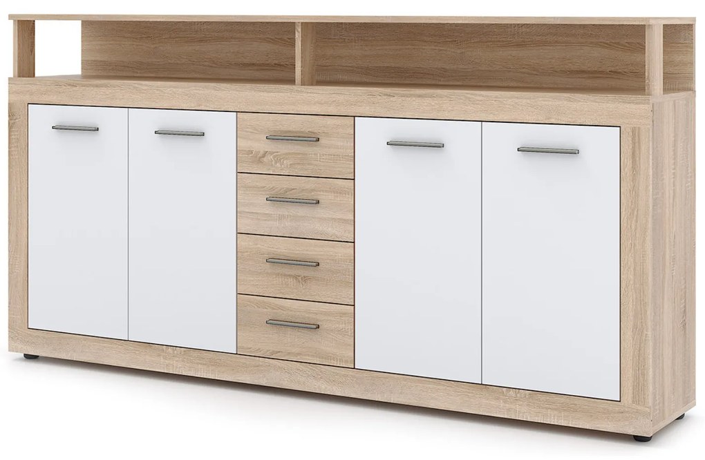 Komoda Czterodrzwiowa z Szufladami BLAGO 190 cm Dąb Sonoma/Biała Nowoczesna