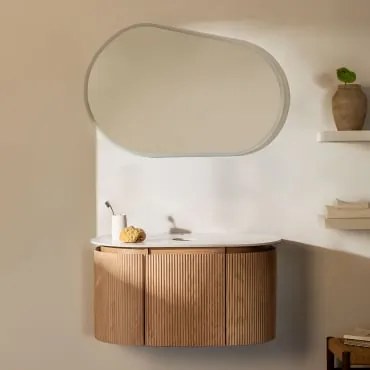 Zestaw Wiszących Mebli Łazienkowych 90x50 Cm Z Drewna Carsone Naturalna & Bez Jednostki Pomocniczej & Without Sink & Owalna Lampa - Sklum