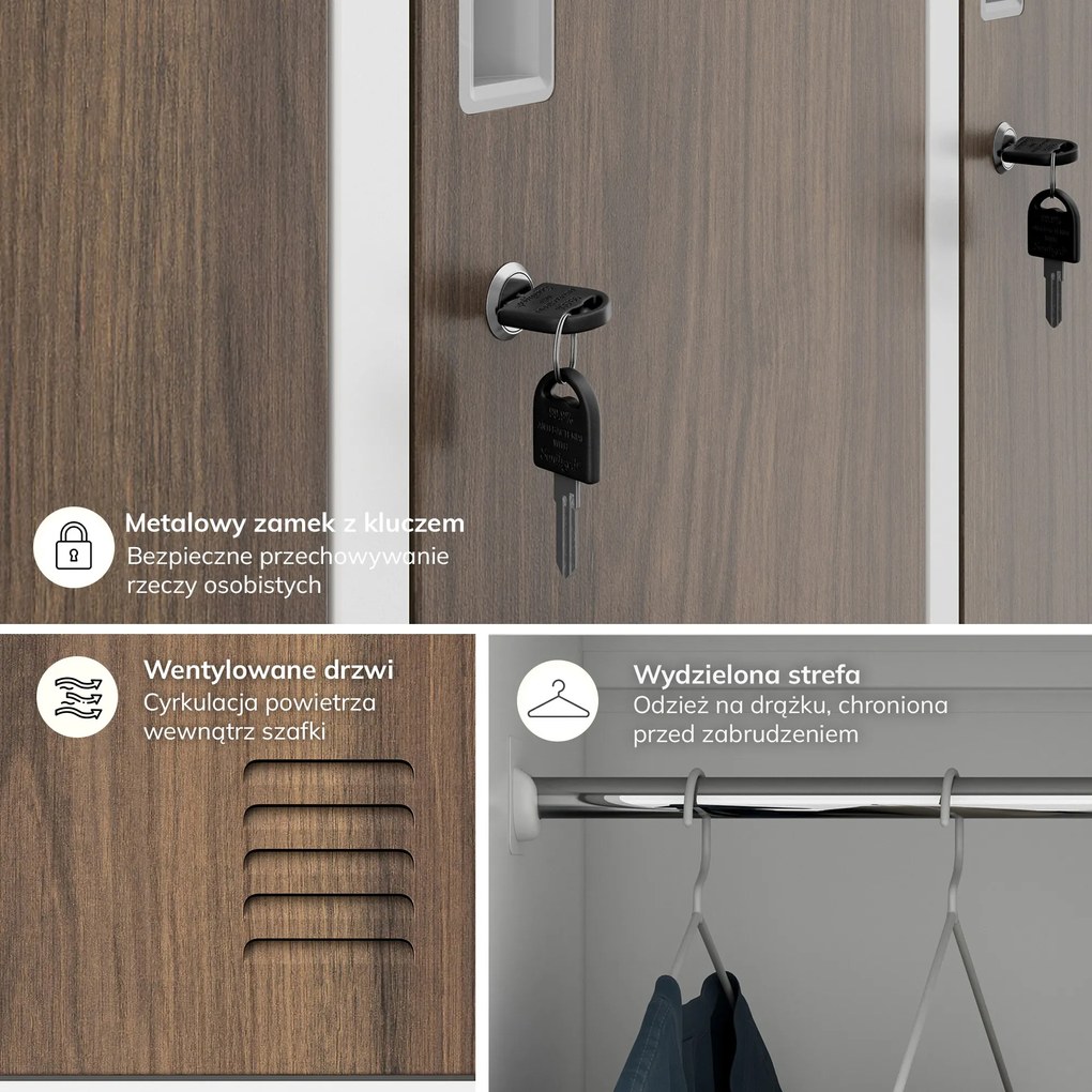 Szafka socjalna ubraniowa BHP biała / orzech 6-drzwiowa: Eco Design IGOR, 900 x 1850 x 450 mm