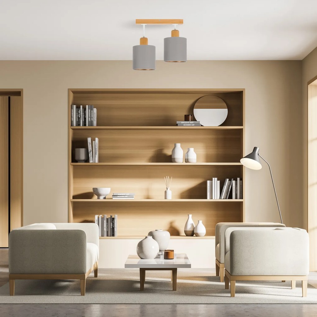 Szara lampa sufitowa, dwupunktowy spot CL-DWE30x7BU-GR z drewna E27