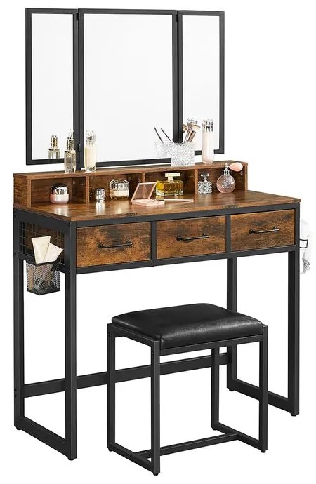 Toaletka z taboretem z ekoskóry PIERRE, 90x40x141cm, brązowa/czarna Vasagle