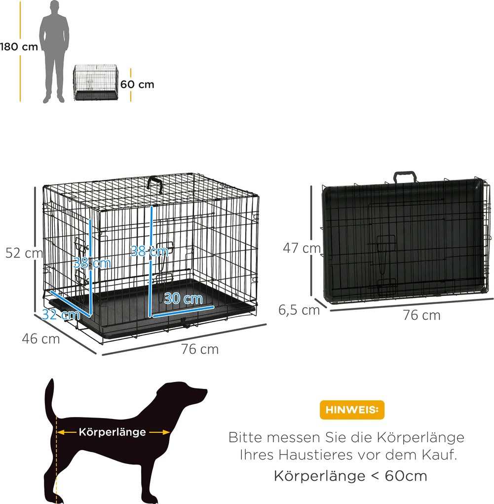 PawHut Klatka Transportowa dla Psa Rozmiar M Bezpieczny Transport Czarna Wytrzymała 76x46x52cm | Aosom PL