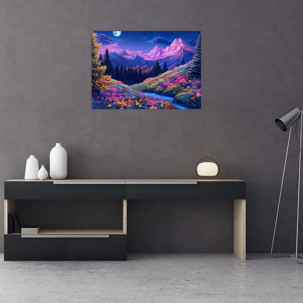 Obraz - Fioletowy krajobraz przy pełni księżyca (70x50 cm)