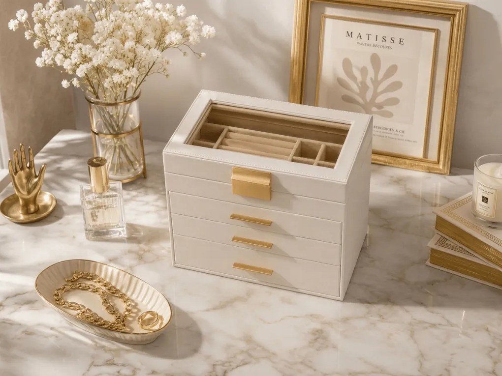 Szkatułka na biżuterię ELEGANT CASE 25,1x21,5x15,3 cm z eko skóry, beżowa