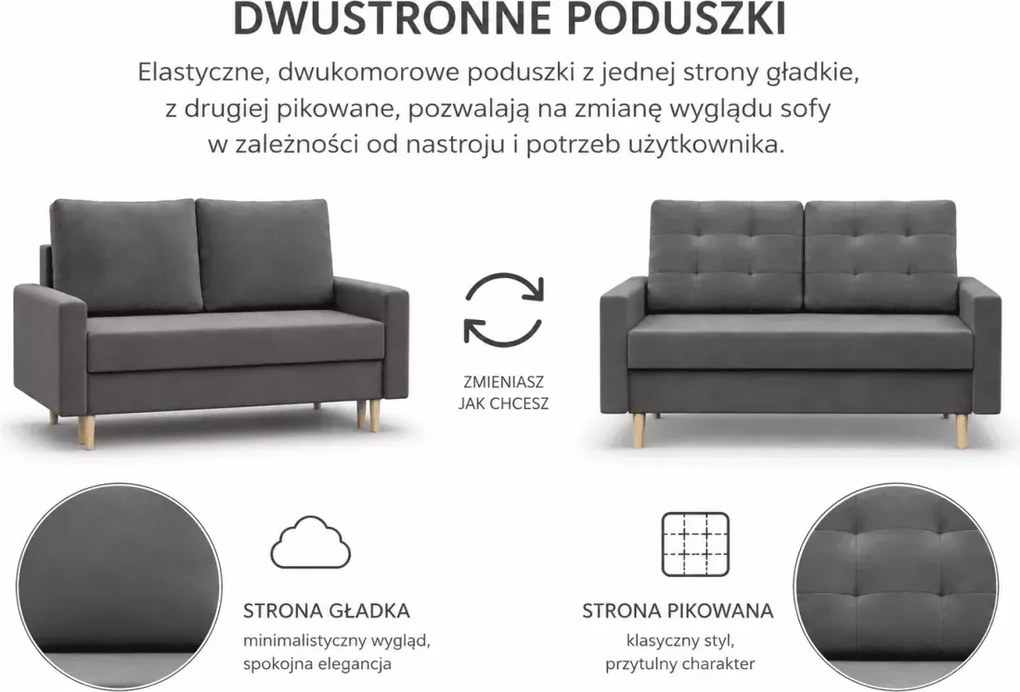 Sofa rozkładana Stivo 2-osobowa z pojemnikiem na pościel – nowoczesna, skandynawska, mała kanapa do salonu i pokoju