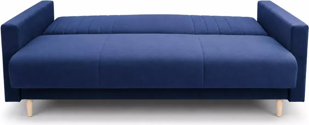 Kanapa Artas rozkładana z funkcją spania i pojemnikiem na pościel – wersalka z przeszyciami i drewnianymi nóżkami