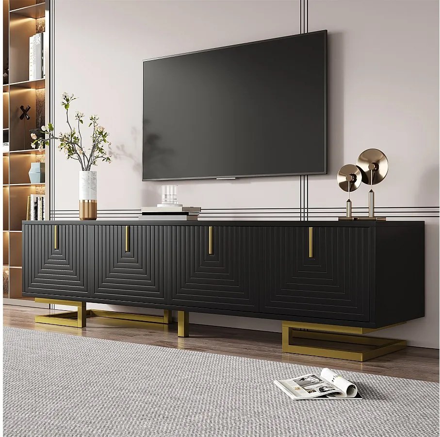 Czarna szafka pod telewizor - 4-drzwiowa szafka pod telewizor ze złotymi uchwytami - do salonu