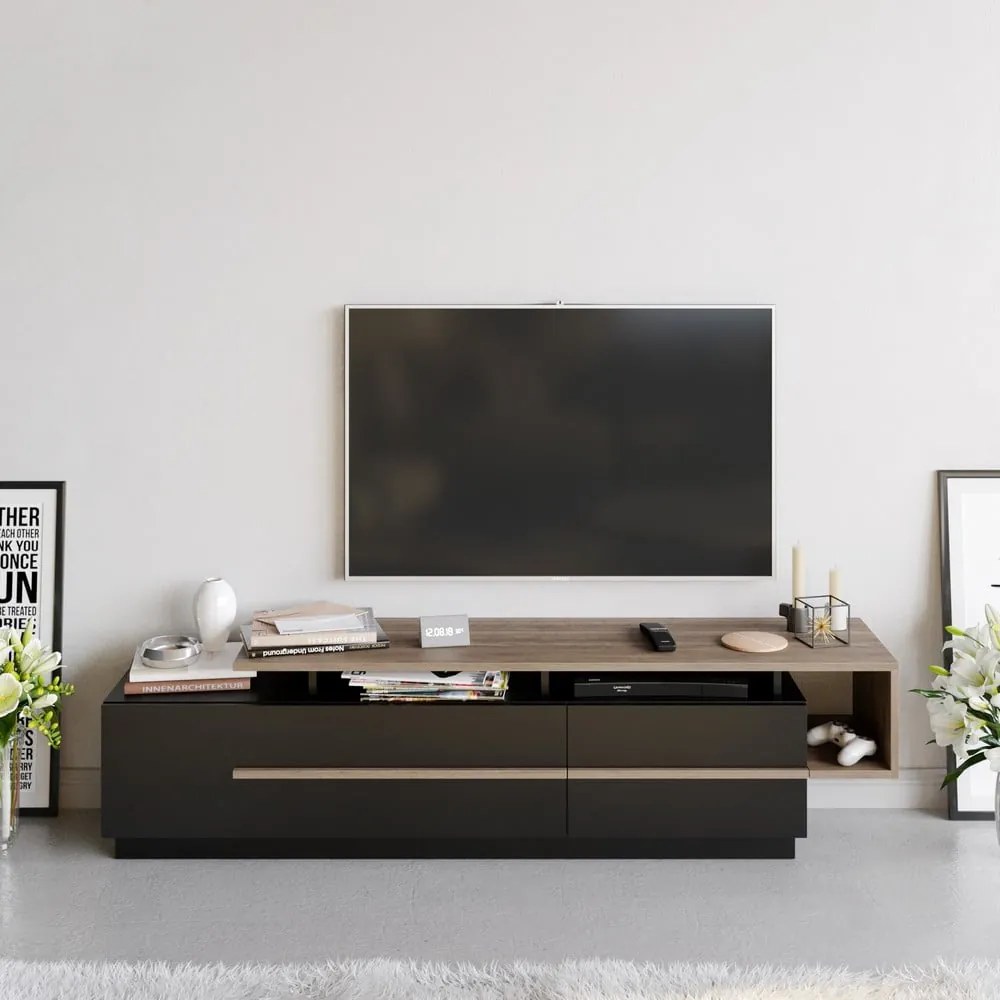 Czarna szafka pod TV w dekorze orzecha 180x46 cm Pia – Kalune Design