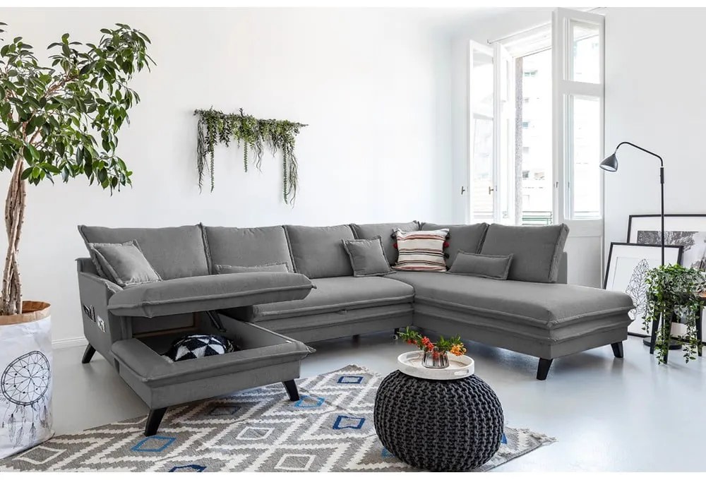 Ciemnoszara rozkładana sofa w kształcie litery "U" Miuform Charming Charlie, prawostronna