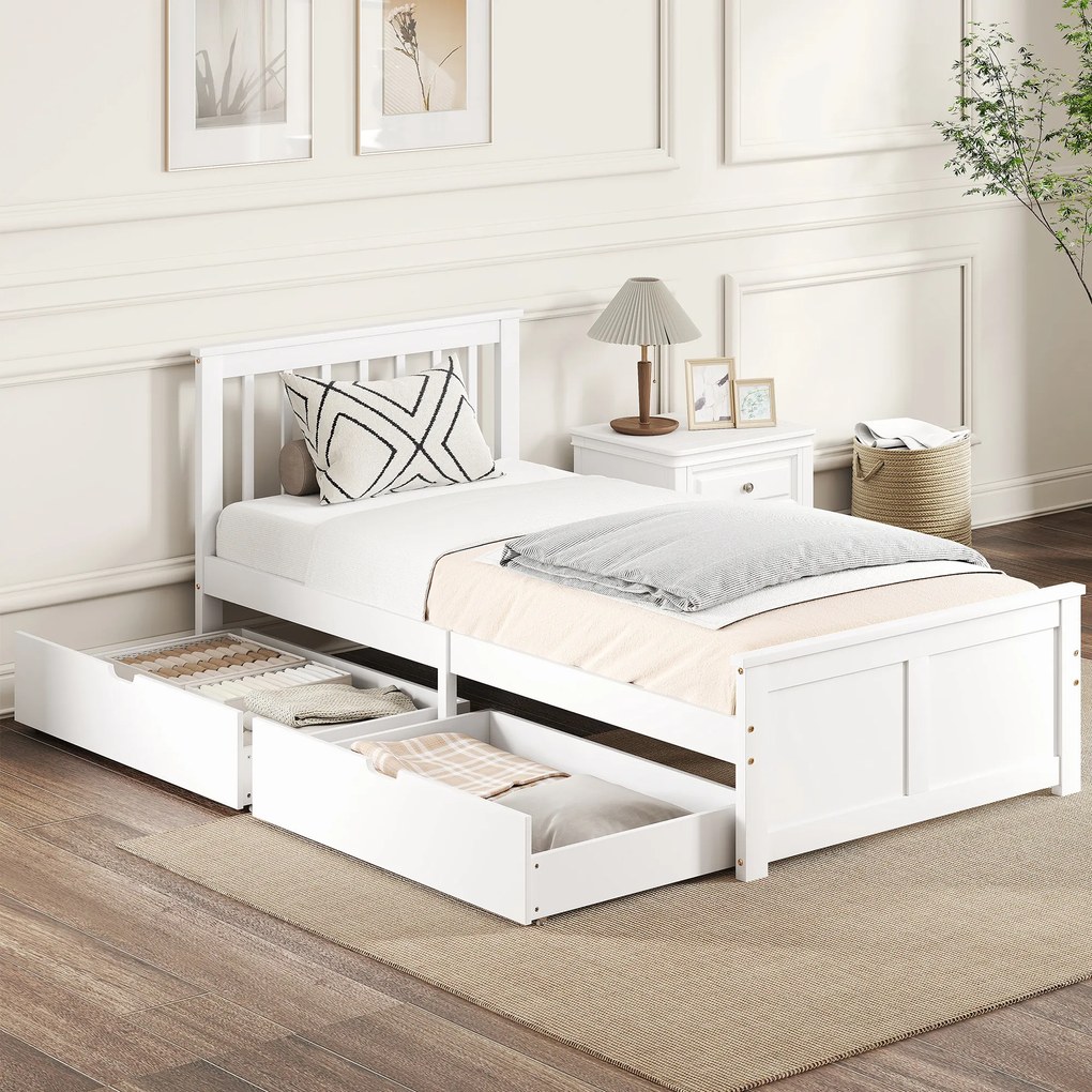 HOMCOM Rama łóżka jednoosobowego, drewniana rama, szuflady na kółkach, bez potrzeby stelaża, 90 x 200 cm, biały