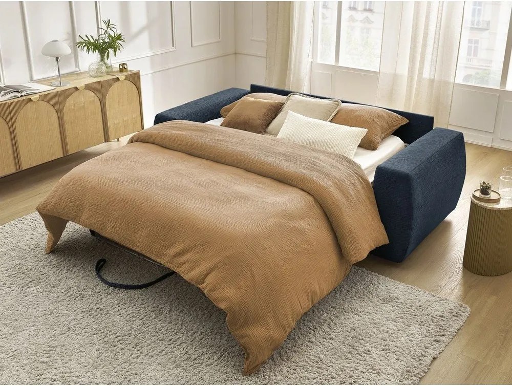Ciemnoniebieska rozkładana sofa do spania z tkaniny szenilowej 240 cm Hugo – Bobochic Paris