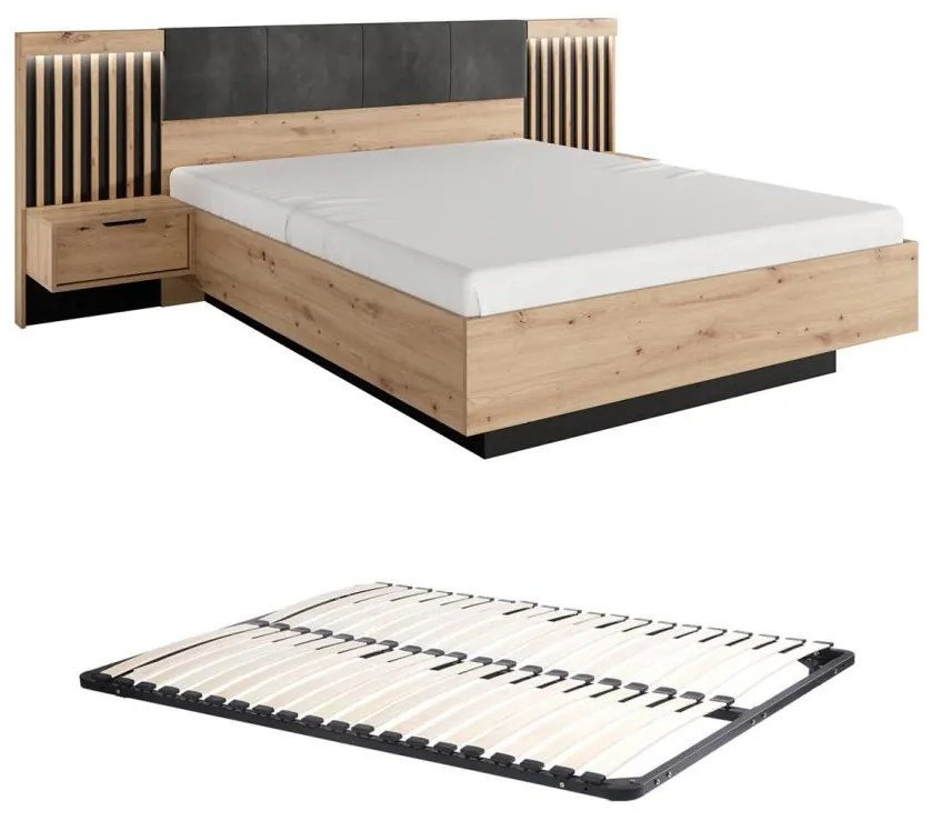 Łóżko z szafkami nocnymi 160 x 200 cm - Z oświetleniem LED - Naturalny i czarny + Stelaż - ARIADA