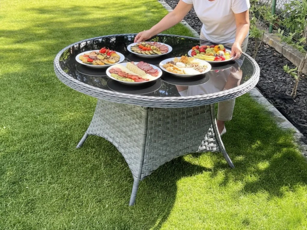 Duży okrągły stół z technorattanu MODERNO jasno szary