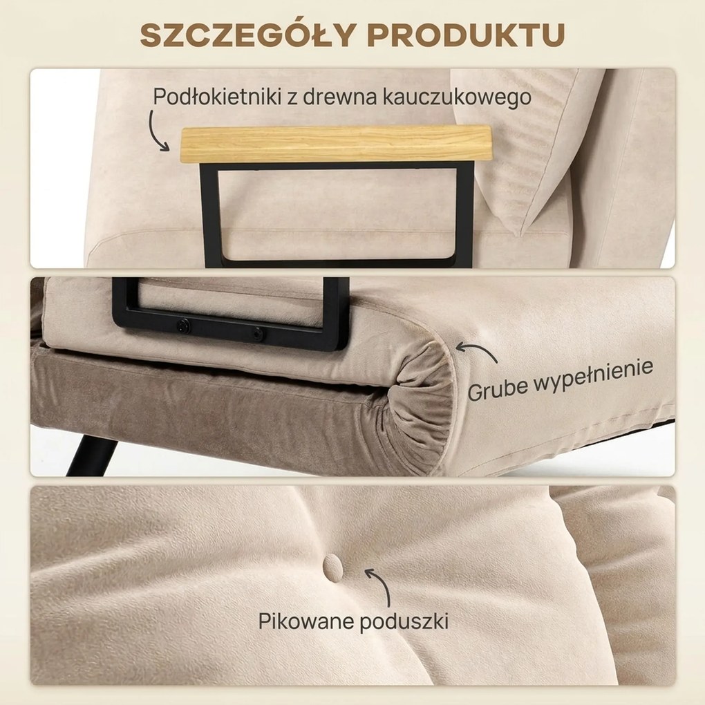 HOMCOM Sofa 2 osobowa z funkcją spania aksamitna z 2 poduszkami w kolorze naturalnym beżowym czarnym | Aosom PL