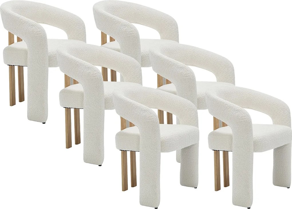 Zestaw 6 krzeseł z podłokietnikami z tkaniny z bukli  i drewna kauczukowca  - Białe - NORETI