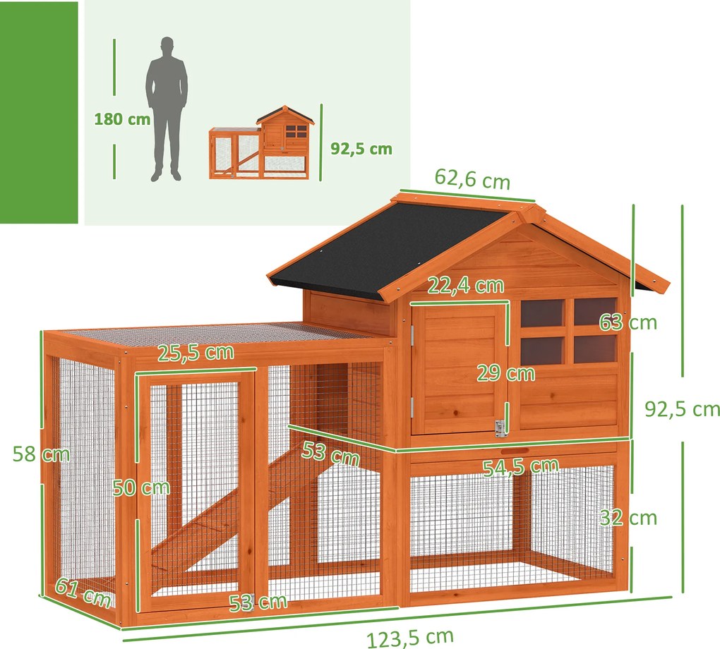 PawHut Domek dla królików 2 poziomy, drewniany domek z wodoodpornym dachem asfaltowym, wybieg, rampa, drzwi, 123,5 x 62,6 x 92,5 cm, pomarańczowy | Aosom PL