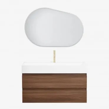 Zestaw Wiszących Mebli Łazienkowych Z Drewna I Forniru Jesionowego Zintegrowany Z Umywalką Ona Owalna Lampa Led I Przeciwmgielna 100x80 Cm Riben & Szc