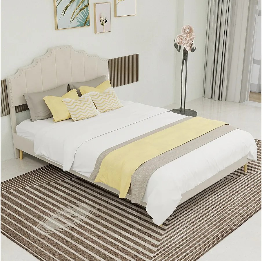 Łóżko dla dorosłych 140x200 cm, łóżko podwójne z tapicerowanym zagłówkiem i stelażem - aksamit - kolor beżowy (bez materaca)