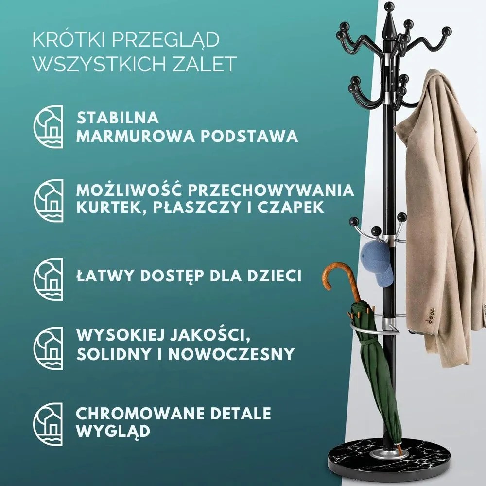 Wieszak stojący TENZY z marmurową podstawą, 37x173 cm, czarny Casaria