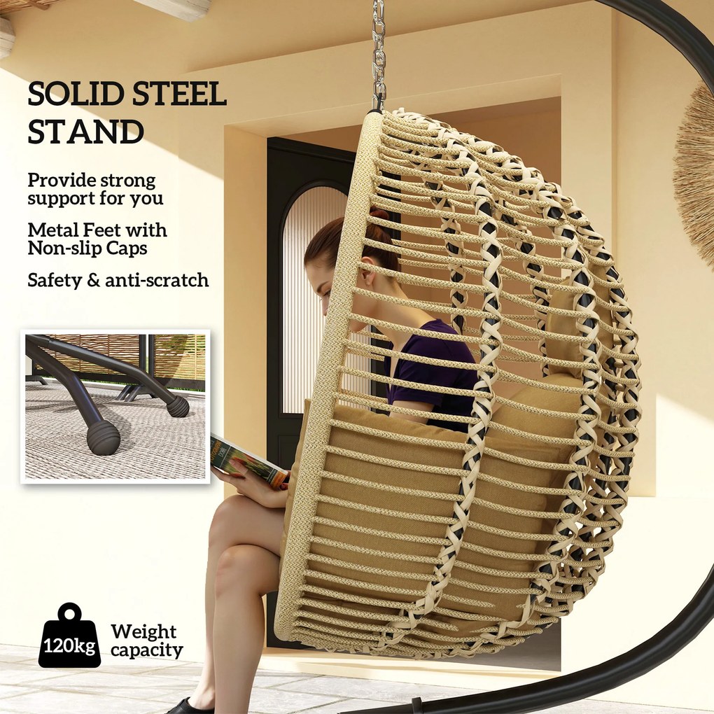 Outsunny Fotel wiszący z ramą, składany jajowaty fotel wiszący z zdejmowanym siedziskiem uchwyt na kubek lina zabezpieczająca beżowy | Aosom PL