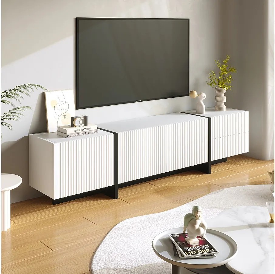 Szafka RTV 190 cm z 3 fakturowanymi drzwiami i 2 szufladami do przechowywania - biała i czarna