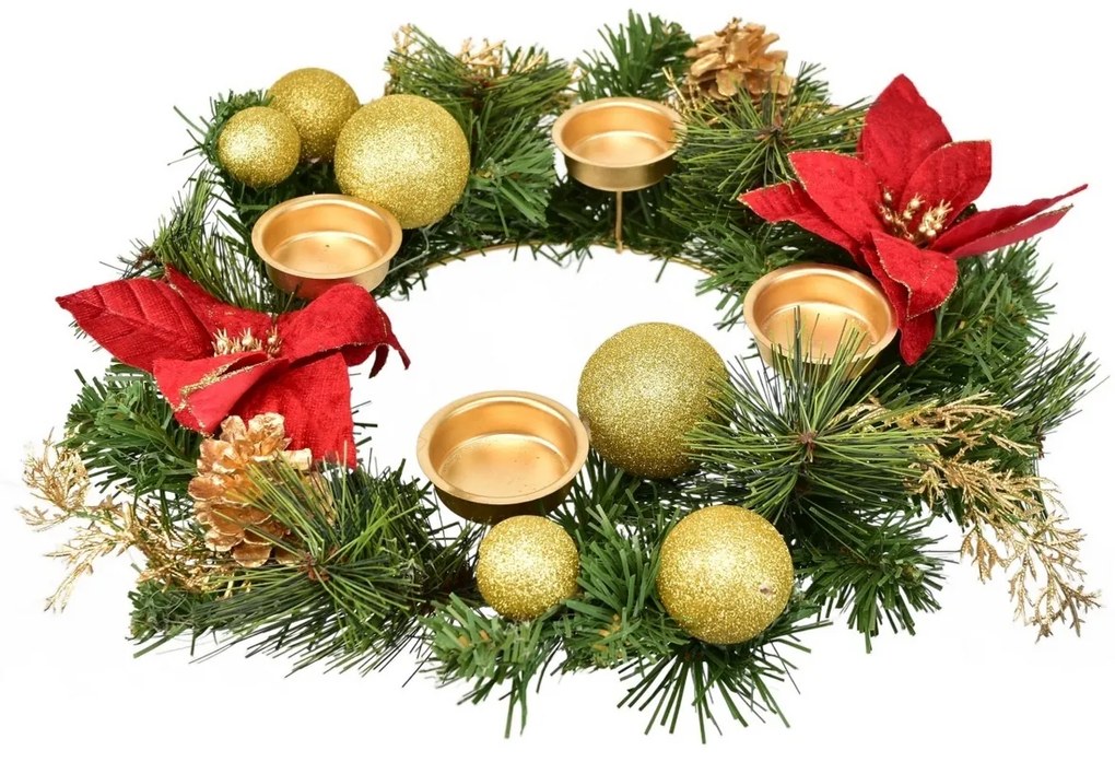 Wianek adwentowy ozdobiony poinsecją, 33 cm